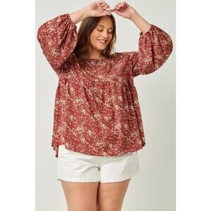 HAYDEN Kristie Plus Burgundy Floral Puff Sleeve Babydoll Top 2XL